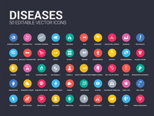50 Diseases Set Icons Such As Phenylketonuria, Pilia, Plague, Pneumonia, Poliomyelitis, Porphyria, Progeria, Prostatitis, Psittacosis. Simple Modern Isolated Vector Icons Can Be Use For Web Mobile