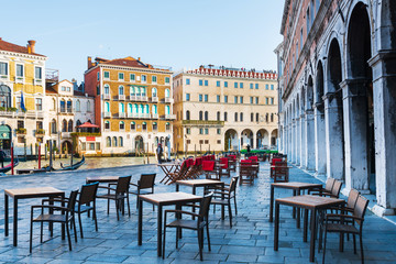 VENICE, ITALY - December 21, 2017 : Restaurants in Old Town VENICE, ITALY