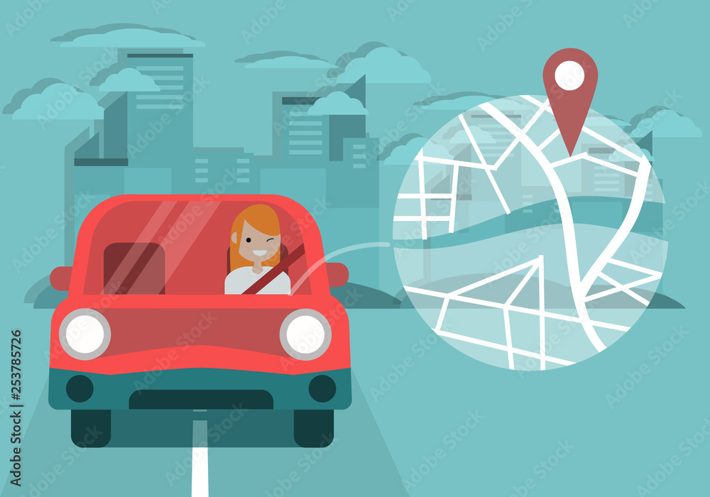 Young character driving a car and using a navigational app. Map and geo ...