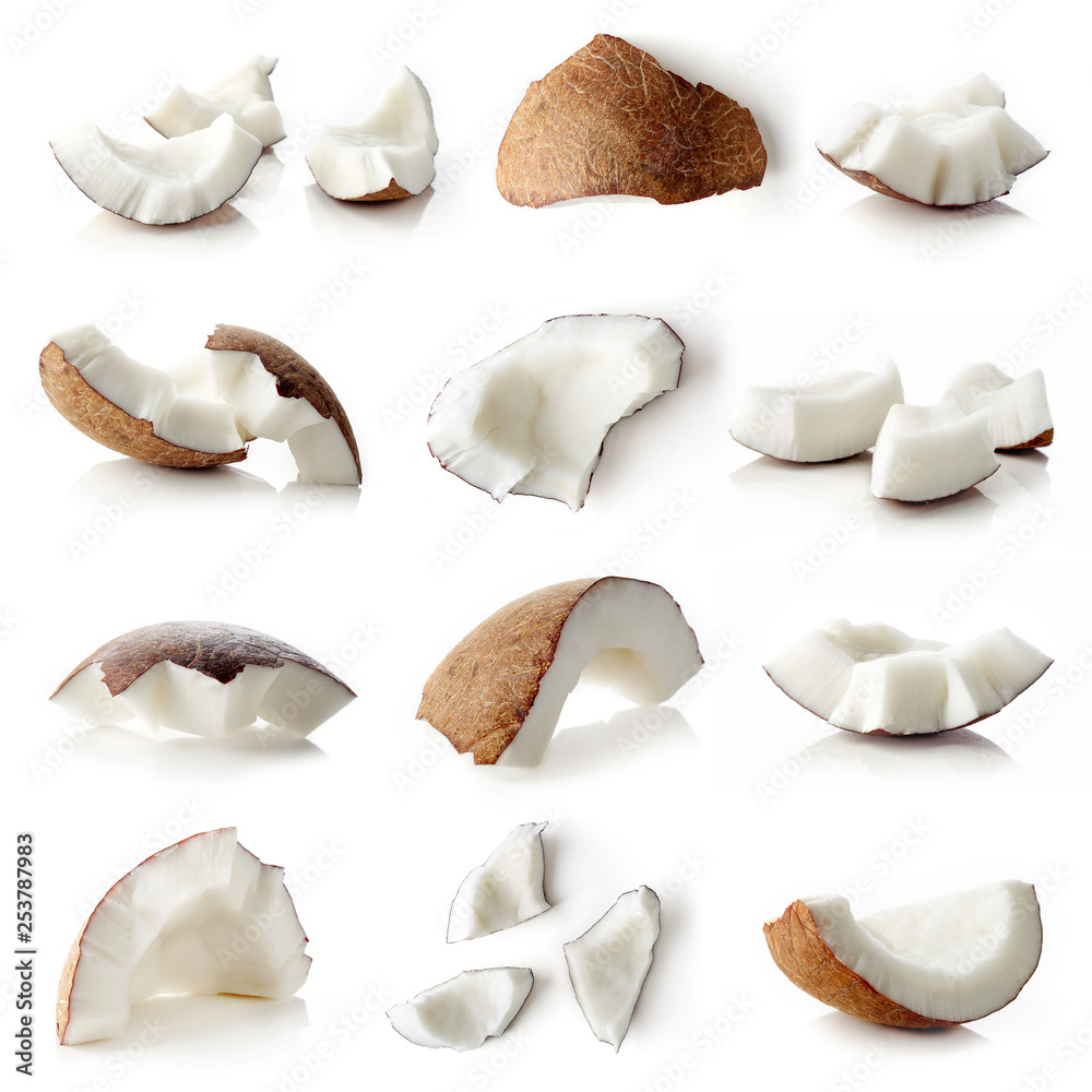 Set of coconut pieces isolated on white - obrazy, fototapety, plakaty 