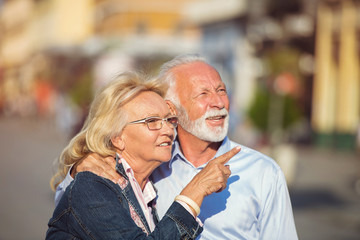 Wall Mural - Happy nice mature couple walking in town