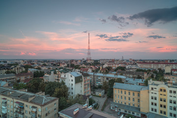 Aerial view in Ivano-Frankivsk at sunset with tv tower,long exposure photo