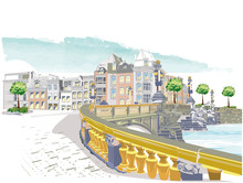 Series Of Colorful Street Views In The Old City With A View Of A Bridge. Hand Drawn Vector Architectural Background With Historic Buildings. 