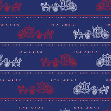 Sketchy London Royal Carriage Seamless Vector Pattern. Famous Historical British Symbol For Travel Vacation Wallpaper, British Uk Sightseeing All Over Print. Horse Drawn Queen Ride In Red Blue White.