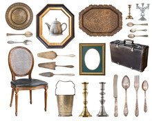 Big Set Of Gorgeous Old Vintage Items Isolated On White Background.