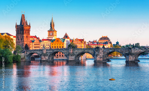Scenic view on historical center of Prague,buildings and landmarks of old town, Wallpaper Mural
