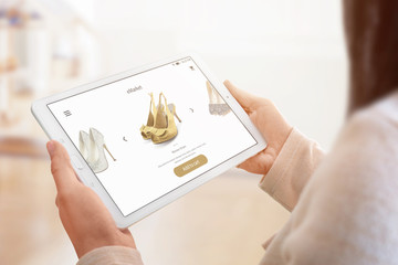 Poster - Online shopping with tablet. Ecommerce app with flat interface. Close-up.