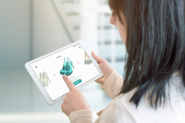 Poster - Girl buy shoes online. Concept of an online store, ecommerce.