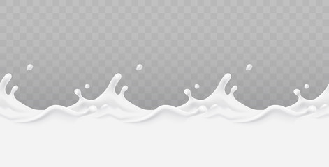 Milk splash seamless pattern isolated on transparent background. 3d realistic yogurt wave border. Vector milky package design.