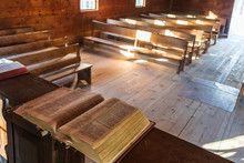 Bible And Church Pews At Cades Cove Primitive Baptist Church, Great Smoky Mountains National Park