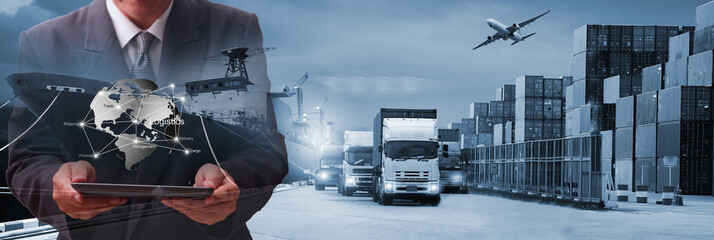 Double exposure of man with Transportation, import-export and logistics concept, there are container truck,  airplane for import export industry