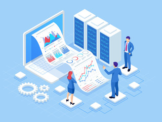 Isometric concept of business analysis, analytics, research, strategy statistic, planning, marketing, study of performance indicators. Investment in securities, smart investment, strategic management