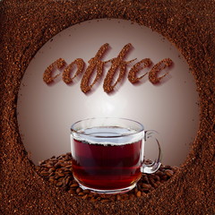 Wall Mural - coffee cup with coffee text in dark roasted coffee beans and ground coffee powder in frame  closeup