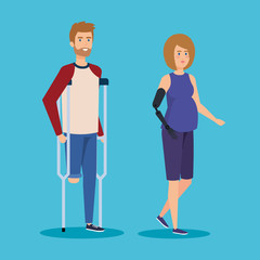 Sticker - man walking with crutches and woman with hand prosthesis