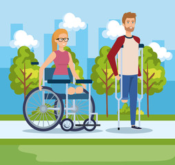 Sticker - woman sitting in wheelchair and man walking with crutches