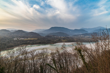  Sunset on the ancient castle of Ragogna, Italy. Fortress guarding the ford on the river Tagliamento