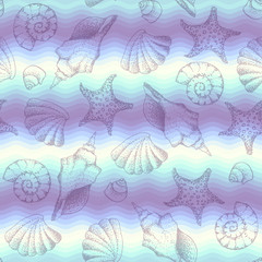 Fototapete - Blue waves pattern and hand draw in marine style.