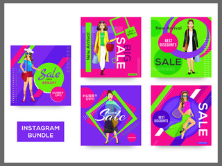 Poster - Set of Sale template or poster design with different discount offer and fashionable women illustration on abstract background.