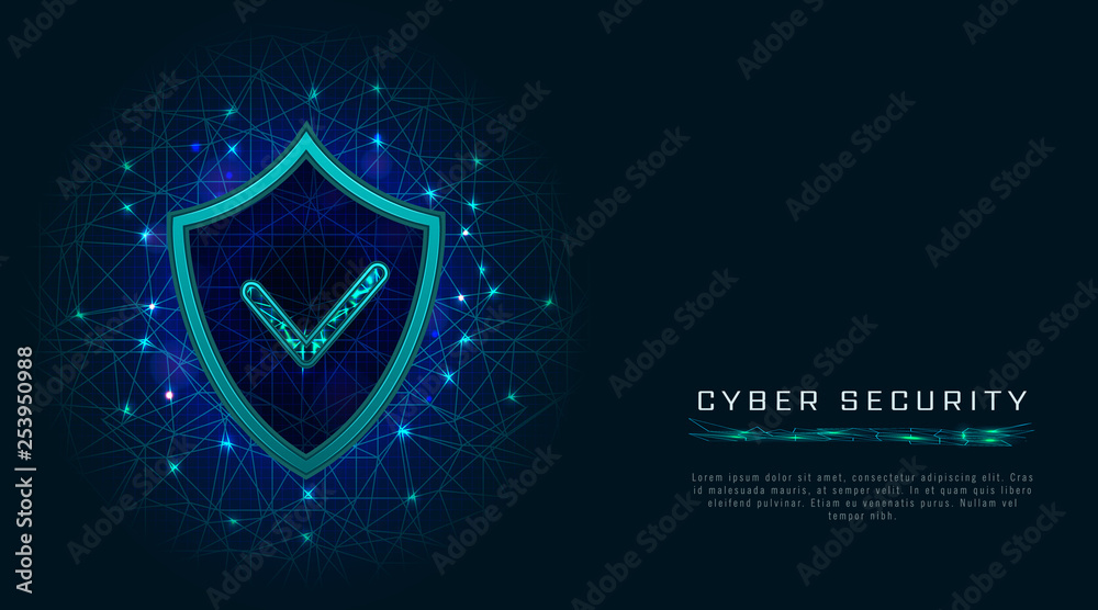 Cyber security concept. Shield with check mark, digital cyber data ...