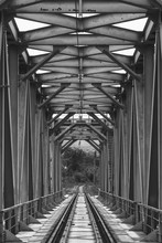 Industrial Landscape With Railway Bridge, Black White Photo