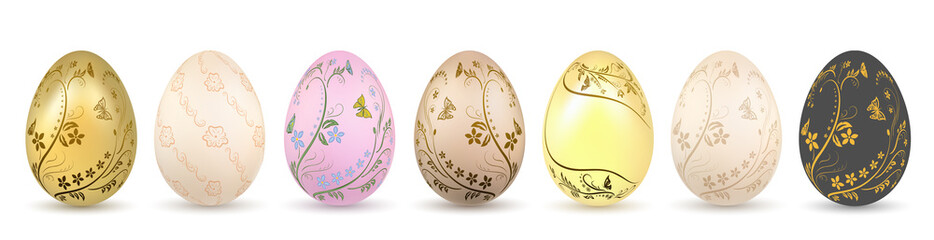 Wall Mural - Easter egg 3D icon. Pastel eggs set, isolated white background. Floral hand drawn design, flower branch leaf decoration pattern Happy Easter celebration. Holiday element symbol. Vector illustration
