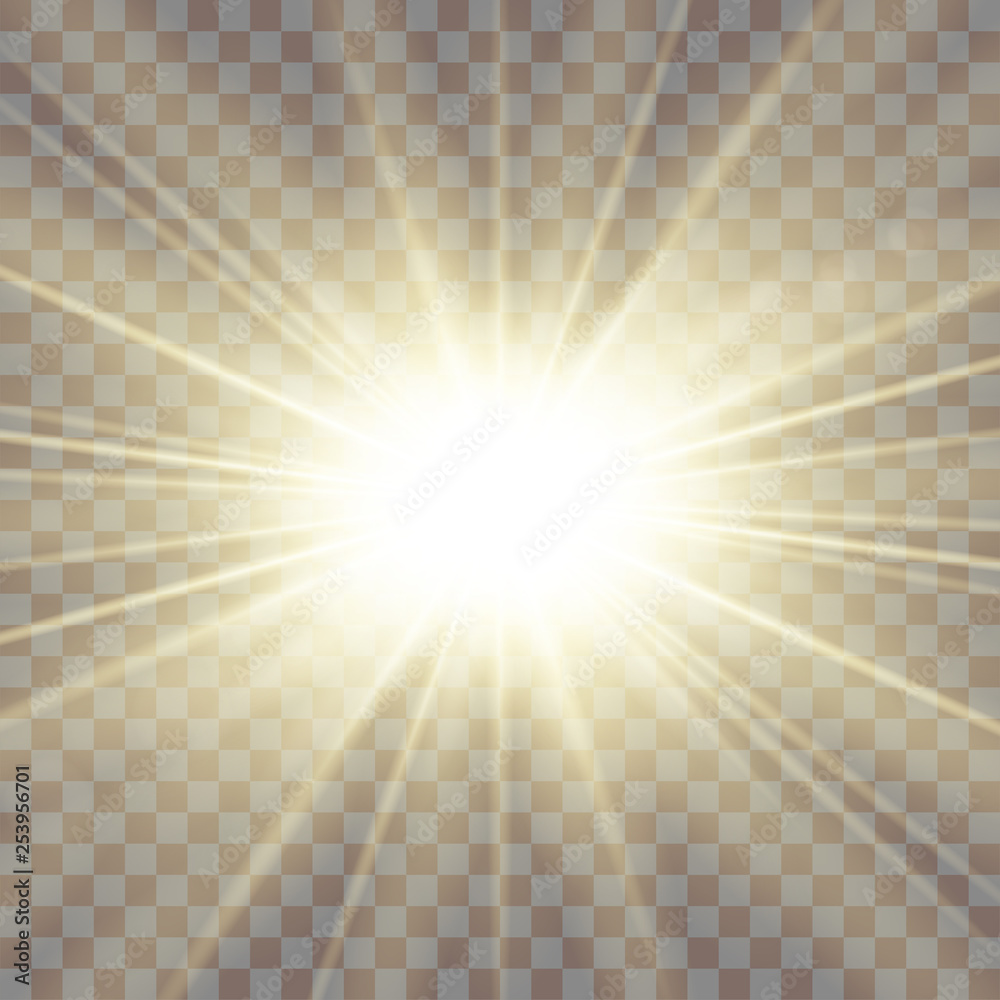 Sun rays. Starburst bright effect, isolated on transparent background. Gold light star flash. Abstract shine beams. Vibrant magic sparkle explosion. Glowing burst, lens effect. Vector illustration - obrazy, fototapety, plakaty 