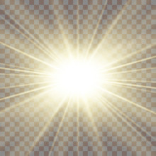 Sun Rays. Starburst Bright Effect, Isolated On Transparent Background. Gold Light Star Flash. Abstract Shine Beams. Vibrant Magic Sparkle Explosion. Glowing Burst, Lens Effect. Vector Illustration