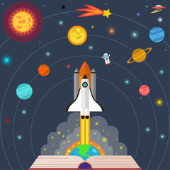 Wall Mural - Open book with planet, rocket, shuttle isolated on background. Solar system explorer, fantasy about space. Science, education concept. Spaceship launch to the stars. Vector flat cartoon design.