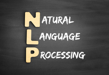 Poster - Wooden alphabets building the word NLP - Natural Language Processing acronym on blackboard
