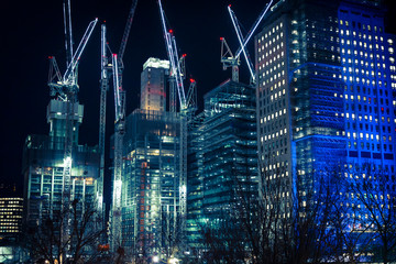 Construction site near Waterloo Station at night, London, England, UK