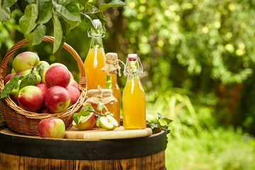 Poster - apples on background orchard standing on a barrel. Apple juice and apple preserves.
