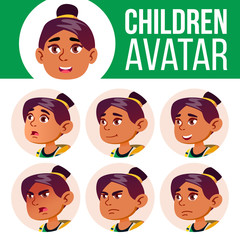 Wall Mural - Arab, Muslim Girl Avatar Set Kid Vector. High School. Face Emotions. Flat, Portrait. Youth. Cartoon Head Illustration