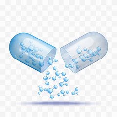 Open capsule pill with falling out blue molecules in realistic style.