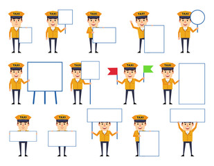 Wall Mural - Set of taxi driver characters posing with various blank signboards. Funny taxi driver holding banner, paper, placard, pointing to whiteboard. Simple vector illustration