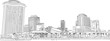 New Orleans skyline. Hand drawn illustration. Includes the familiar downtown buildings along the Mississippi River. Detailed ink look.