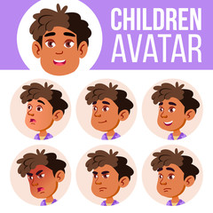 Wall Mural - Arab, Muslim Boy Avatar Set Kid Vector. Kindergarten. Face Emotions. Preschool, Baby, Expression. Birth, Life, Emotional. Print, Invitation. Cartoon Head Illustration