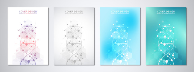 Poster - Vector template for cover or brochure, with molecules background and DNA strand. Medical or scientific and technological concept.