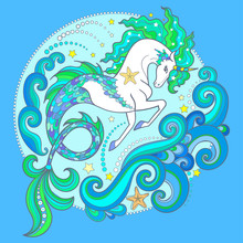 Beautiful White Sea Unicorn. On A Green Background. Hippocampus. For Design Of Prints, Posters, Tattoos, Etc. Vector Illustration