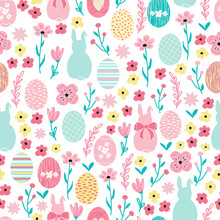 Seamless Pattern Background With Flowers And Cute Bunny Rabbits. Seamless Ditsy Floral Pattern For Easter Design.