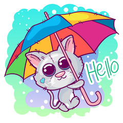 cute kitten cartoon with an umbrella. - vector