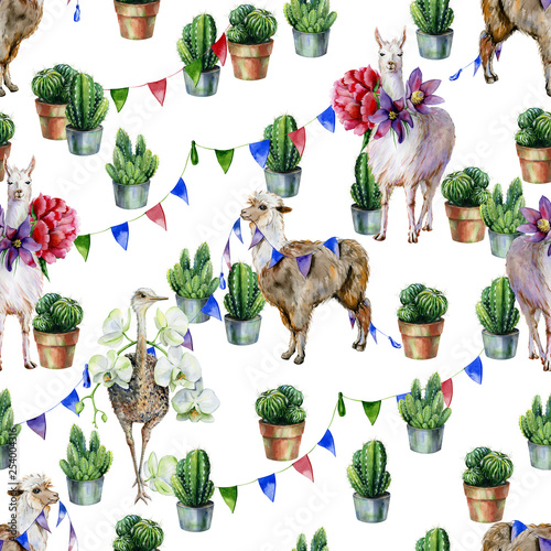 Watercolor seamless pattern with alpaca, llama, ostrich and cactus. Use as wa...
