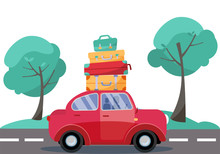 Red Car With Baggage On The Roof. Summer Family Traveling By Car. Flat Cartoon Vector Illustration. Car Side View With Stack Of Suitcases On Background Of Green Trees. Many Bags On The Top Of Vehicle