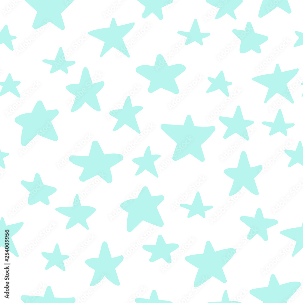 Cute Seamless Pattern With Hand Drawn Baby Blue Stars On White