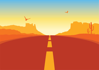 Wall Mural - American road in desert landscape. Vector Arizona prairie background