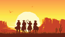 Cowboys Riding Horses At Sunset. Vector Prairie Landscape With Sun