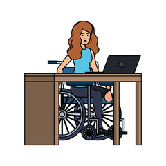 Wall Mural - young woman in wheelchair working in the office