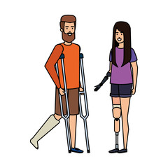 Wall Mural - man in crutches with woman with prosthesis