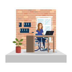 Wall Mural - young woman in wheelchair working in the office