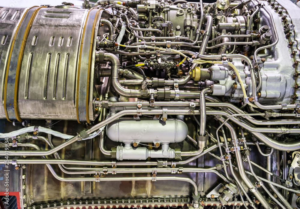 Engine of fighter jet, internal structure with hydraulic. Fuel pipes ...