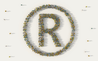 Large group of people forming r logo or register trademark symbol symbol in social media and community concept on white background. 3d sign of crowd illustration from above gathered together